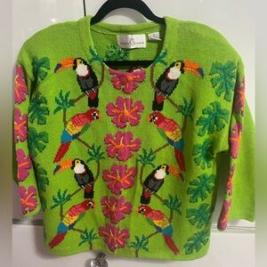 Jane’s Closet Vintage Parrot Macaw Toucan hibiscus Beaded Cardigan Bird Sweater